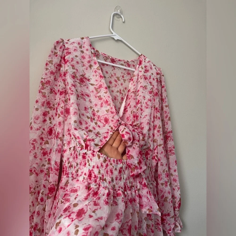 Pink Deep V-Neck Lantern Sleeve Knotted Tired Mini Dress Pink Size L - Picture 4 of 9